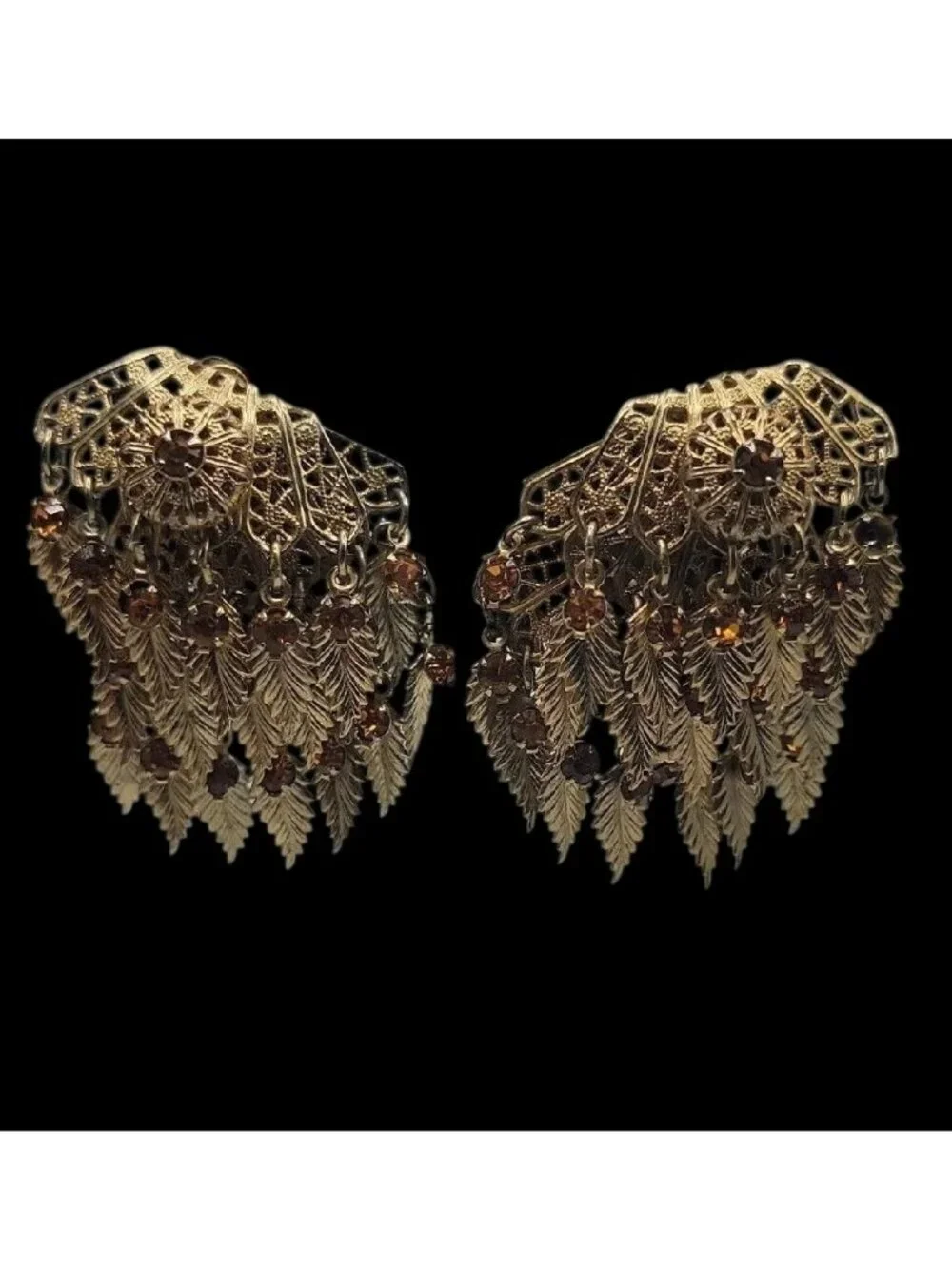 VTG Miriam Haskell Feather Rhinestones Clip On Earrings 1930s Statement Unsigned - Picture 2 of 15
